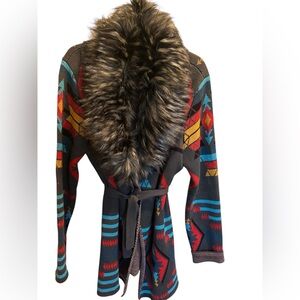 Southwestern Multicolor Cardigan with Faux Fur Collar